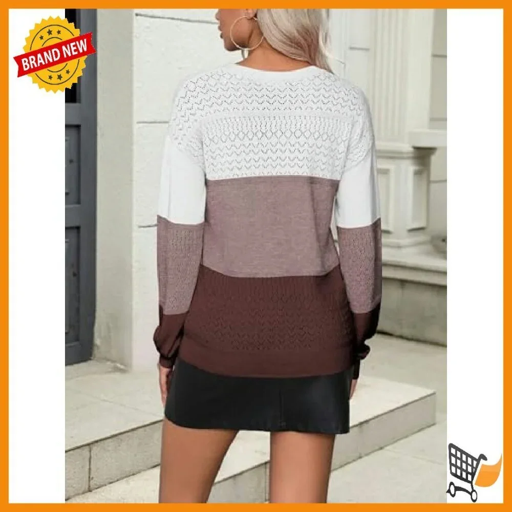 Lightweight Crochet Pullover Sweater V-Neck Ribbed Knit Women's Size S